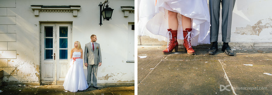 wysokie czerwone buty na plener ślubny